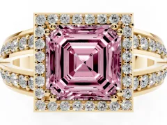 Fancy Pink Asscher Cut Diamond Halo Ring Set in Yellow gold with Double Pavé Split Shank