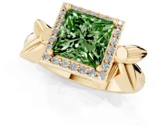 Fancy Green Princess Cut Diamond Halo Floral Band Ring Set in Yellow gold with Prong Setting