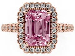Fancy Pink Radiant Cut Diamond Halo Ring Set in Rose gold with Pavé Milgrain Band