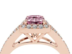 Fancy Pink Emerald Cut Diamond Halo Split Shank Pavé Ring Set in Rose gold with Prong Setting