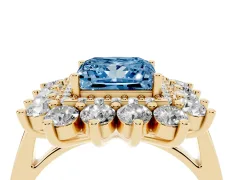 Fancy Blue Princess Cut Diamond Floral Double Halo Ring Set in Yellow gold with Round Petals