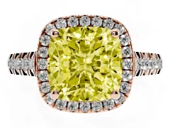 Fancy Yellow Cushion Cut Diamond Halo Engagement Ring Set in Rose gold with Pavé Band and Prong-Set Center