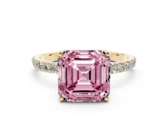 Fancy Pink Asscher Cut Diamond Solitaire Engagement Ring Set in Yellow gold with Round Pavé Band and Prong Setting