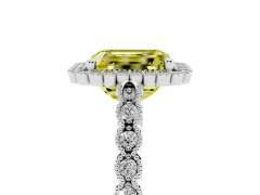 Fancy Yellow Radiant Cut Diamond Halo Ring Set in White gold with Pavé Milgrain Band