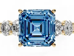 Fancy Blue Asscher Cut Diamond Five-Stone Prong Set Ring Set in Yellow gold with Classic Band