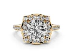 Round Cut Diamond Halo Ring Set in Yellow gold with Pavé-Lined Shoulders and Prong Setting