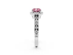 Fancy Pink Cushion Cut Diamond Halo Engagement Ring Set in White gold with Pavé Band and Prong-Set Center