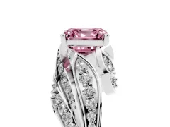 Fancy Pink Asscher Cut Diamond Solitaire Ring Set in White gold with Layered Twist Pavé Band