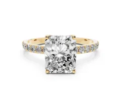 Radiant Cut Diamond Solitaire Engagement Ring Set in Yellow gold with Round Pavé Band and Prong Setting