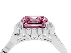 Fancy Pink Asscher Cut Diamond Halo Ring Set in Silver with Leaf Motif Split Shank and Prong Setting