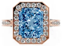 Fancy Blue Radiant Cut Diamond Halo Engagement Ring Set in Rose gold with Accent Split Shank Band