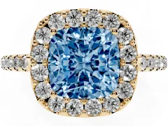 Fancy Blue Cushion Cut Diamond Pavé Halo Ring Set in Yellow gold with Prong Setting