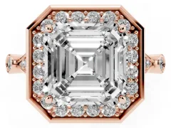 Asscher Cut Diamond Halo Engagement Ring Set in Rose gold with Twisted Band and Prong Setting