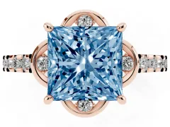 Fancy Blue Princess Cut Diamond Solitaire Ring Set in Rose gold with Pavé Band and Floral Prong Setting