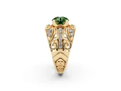 Fancy Green Round Cut Diamond Art Deco Ring Set in Yellow gold with Pavé Split Shank