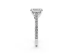 Emerald Cut Diamond Solitaire Ring Set in White gold with Brilliant Pavé Band and Prong Setting