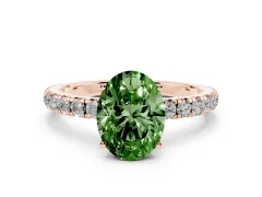 Fancy Green Oval Cut Diamond Pavé Solitaire Engagement Ring Set in Rose gold with Prong Setting