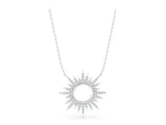 Round Cut Diamond Sunburst Pendant Set in Silver with Pavé Setting