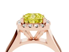 Fancy Yellow Cushion Cut Diamond Halo Solitaire Engagement Ring Set in Rose gold with Square Band and Prong Setting