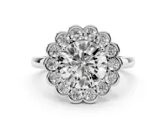 Round Cut Diamond Halo Cluster Engagement Ring Set in Platinum with Solitaire Band and Prong Setting
