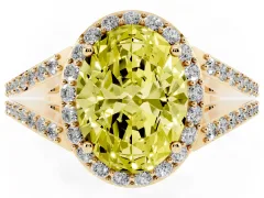 Fancy Yellow Oval Cut Diamond Halo Split Shank Pavé Ring Set in Yellow gold with Prong Setting