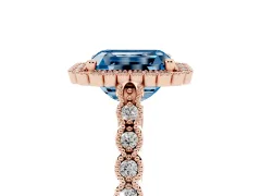 Fancy Blue Radiant Cut Diamond Halo Ring Set in Rose gold with Pavé Milgrain Band