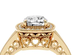 Cushion Cut Diamond Halo Ring Set in Yellow gold with Stone-Set Split Shank and Milgrain Edges