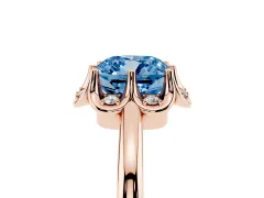 Fancy Blue Cushion Cut Diamond Round Cluster Halo Ring Set in Rose gold with Solitaire Band and Prong Setting