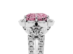 Fancy Pink Radiant Cut Diamond Floral Halo Split Shank Engagement Ring Set in Silver with Pavé Shank