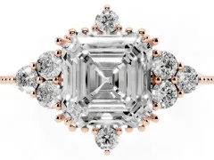 Asscher Cut Diamond Cluster Ring Set in Rose gold with Beaded Band