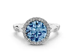 Fancy Blue Round Cut Diamond Halo Twist Band Solitaire Ring Set in White gold with Prong Setting