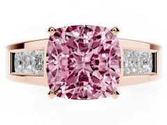 Fancy Pink Cushion Cut Diamond Solitaire Ring Set in Rose gold with Channel-Set Accent Stones and Prong Setting