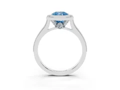 Fancy Blue Radiant Cut Diamond Halo Milgrain Pavé Band Ring Set in White gold with Prong Setting