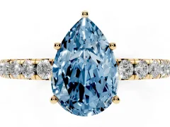 Fancy Blue Pear Cut Diamond Pavé Solitaire Engagement Ring Set in Yellow gold with Prong Setting