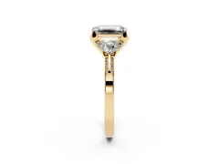 Emerald Cut Diamond Three-Stone Ring Set in Yellow gold with Pavé Band and Smaller Side Stones