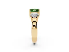 Fancy Green Princess Cut Diamond Three-Stone Ring Set in Yellow gold with Round Side Stones and Classic Band