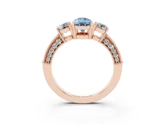 Fancy Blue Pear Cut Diamond Three-Stone Ring Set in Rose gold with Round Side Stones and Pavé Band