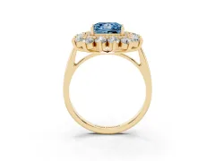 Fancy Blue Princess Cut Diamond Floral Double Halo Ring Set in Yellow gold with Round Petals