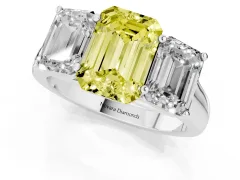 Fancy Yellow Emerald Cut Diamond Three-Stone Ring Set in White gold with Plain Polished Band