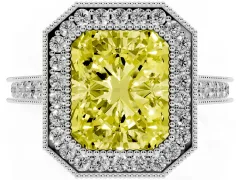 Fancy Yellow Radiant Cut Diamond Halo Milgrain Pavé Band Ring Set in Silver with Prong Setting