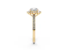 Cushion Cut Diamond Halo Ring Set in Yellow gold with Pavé Band and Prong Setting