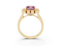 Fancy Pink Asscher Cut Diamond Cluster Halo Ring Set in Yellow gold with Milgrain Bezel Accents and Plain Band
