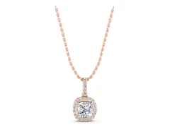 Cushion Diamond Halo Pendant Set in Rose gold with Prong-Set Center