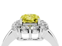 Fancy Yellow Radiant Cut Diamond Halo Cluster Engagement Ring Set in White gold with Polished Band and Prong Setting