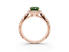 Fancy Green Cushion Cut Diamond Halo Ring Set in Rose gold with Filigree Leaf Band and Prong Setting