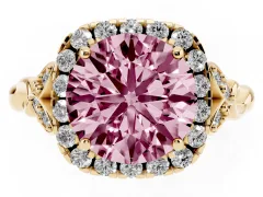 Fancy Pink Round Cut Diamond Halo Engagement Ring Set in Yellow gold with Vintage-Inspired Band and Prong Setting