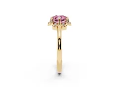 Fancy Pink Cushion Cut Diamond Round Cluster Halo Ring Set in Yellow gold with Solitaire Band and Prong Setting
