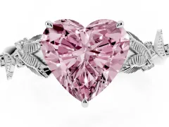 Fancy Pink Heart Cut Diamond Solitaire Ring Set in Platinum with Leaf Motif Band
