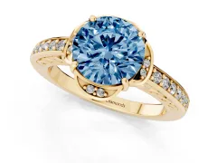 Fancy Blue Round Cut Diamond Halo Ring Set in Yellow gold with Channel Set Band and Prong Setting