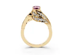 Fancy Pink Emerald Cut Diamond Solitaire Ring Set in Yellow gold with Layered Twist Pavé Band